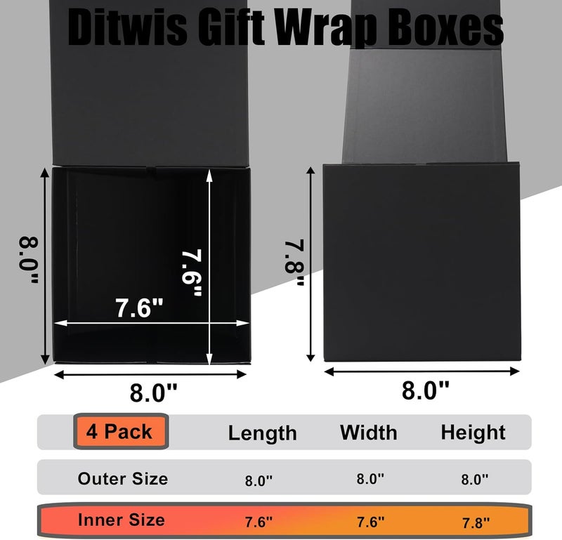 Ditwis 4 Pack 8x8x8 Inches Gift Boxes with Magnetic Closure Lids, Black Magnetic Box for Wedding, Groomsmen Bridesmaid Proposal, Birthdays, Mother's Day - Image 2